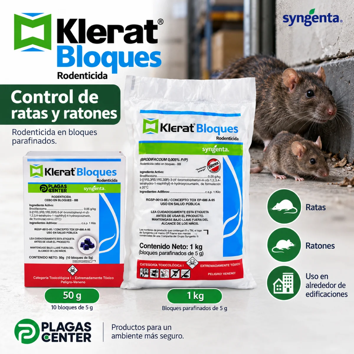 Klerat Bloques con brodifacouma 0005 en presentaciones de 50 g y 1 kg